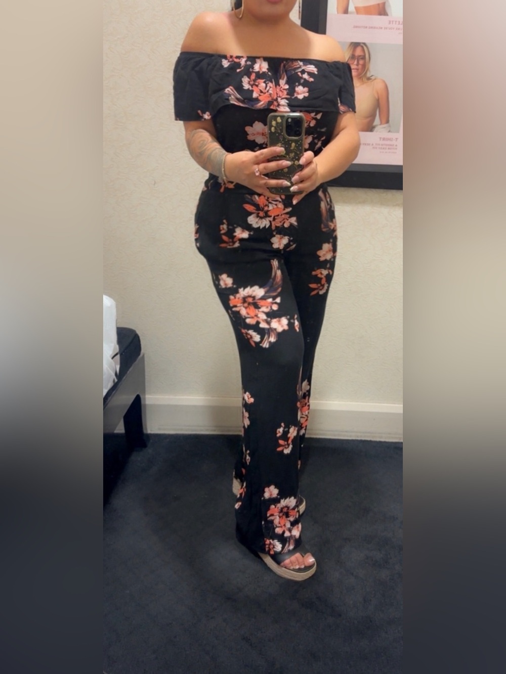 Express Black Floral off shoulder Wide-Leg Jumpsuit with Coral Accents